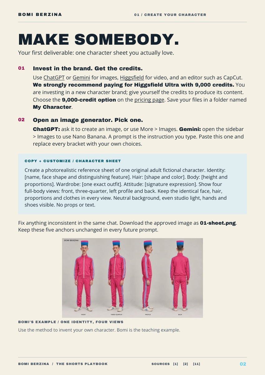 Actual page 2 of the playbook: character sheet instructions and Bomi’s four-view example.