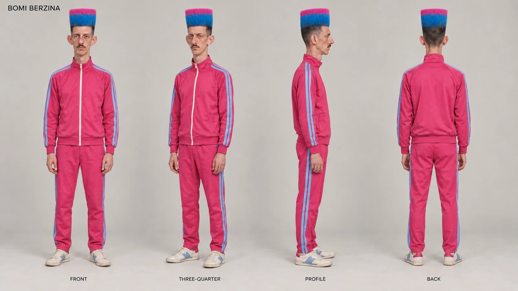 Bomi Berzina’s four-view character sheet: the same blue-and-pink hair, pink tracksuit and face from every angle.