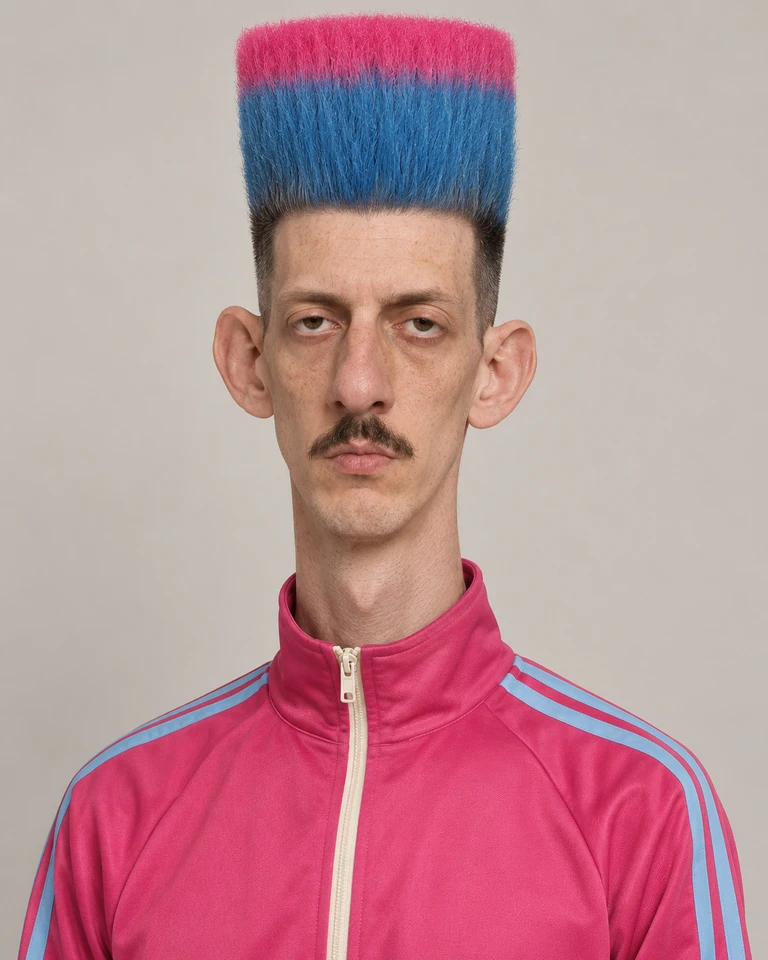 Bomi Berzina in his pink tracksuit. Big hair. Unimpressed expression.